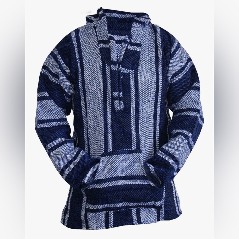 Baja Hoodie Mexican Drug Rug Blue Striped Pullover Hooded Sweater unisex